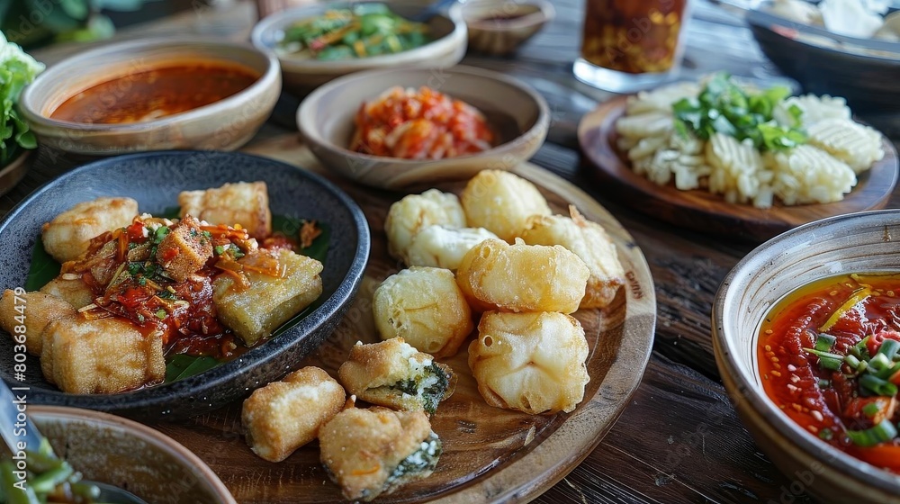 a table set with a variety of bowls and plates of food, including a white bowl, a blue and black bo a table set with a variety of bowls and plates of food, including a white bowl, a blue and black bo