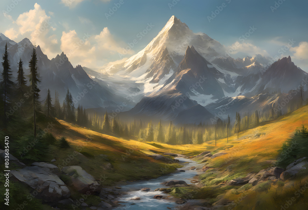 A serene landscape painting featuring a majestic mountain peak, a flowing river, and lush greenery under a soft, glowing sunlight. Mountain Day.