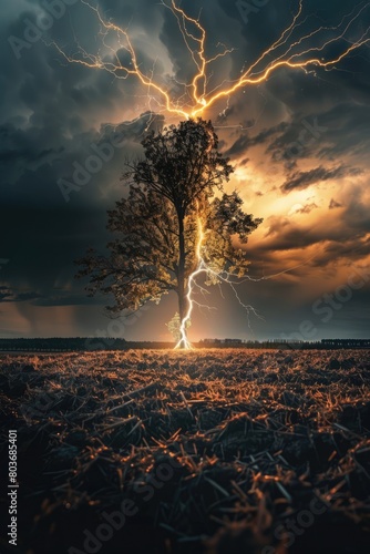 Lightning hits a tree, beautiful storm clouds in the sky at night photo