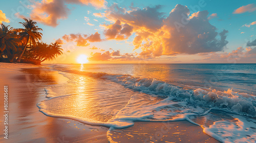 sunset over the sea, Freshness of Tropical Beach with Palm Trees