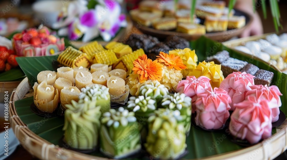 a colorful assortment of food items arranged in a bowl, including a green banana, an orange flower,