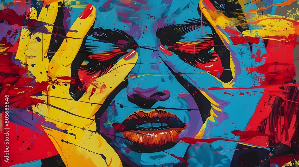 Fototapeta premium Surreal Pop Art Portrait with Vibrant Expressive Hands and Emotion