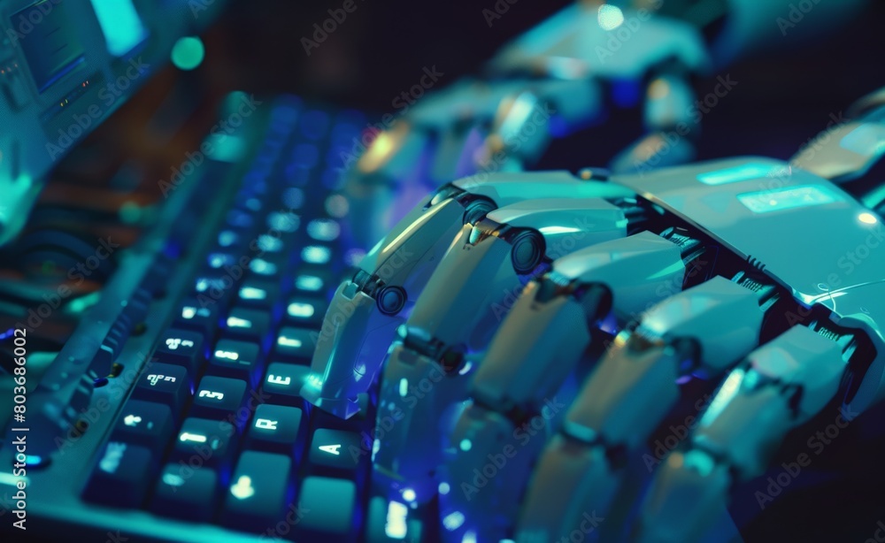 The AI robots hand precisely types on the keyboard in a closeup shot, Generated by AI