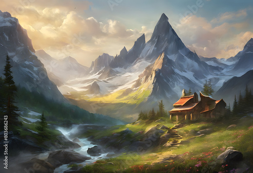 A serene landscape featuring a wooden cabin by a river, with majestic mountains in the background under a soft, glowing sunset. Mountain Day.