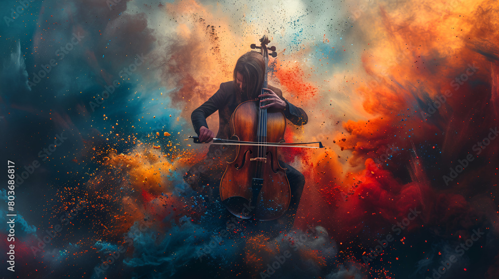 devil and angel in the night,
 Cello in Cloud Colorful Dust. World Music Day