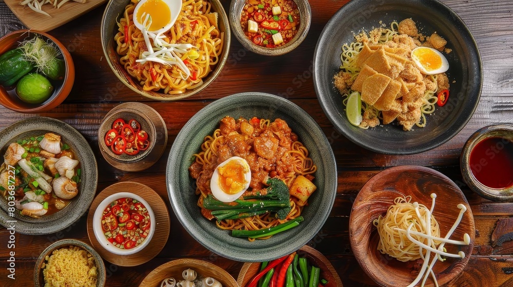 a colorful assortment of food items, including noodles, eggs, and vegetables, are arranged on a woo