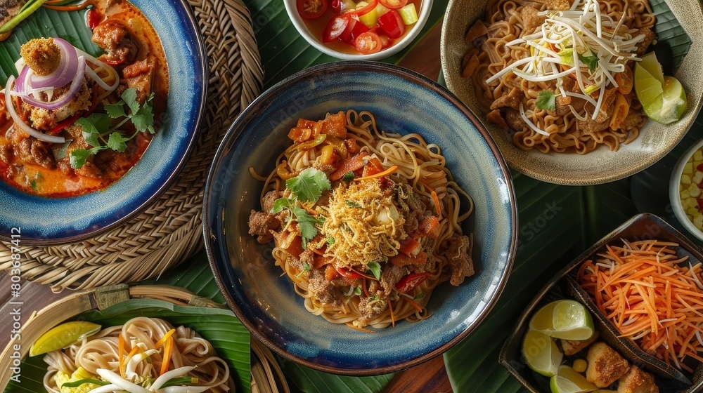 a colorful spread of food and drink items on a wooden table, including sliced lemons, noodles, and a colorful spread of food and drink items on a wooden table, including sliced lemons, noodles, and