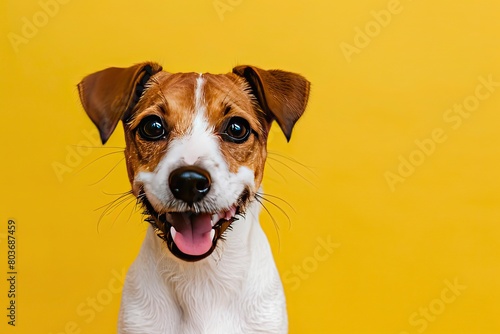 Happy puppy dog smiling on isolated yellow background photo