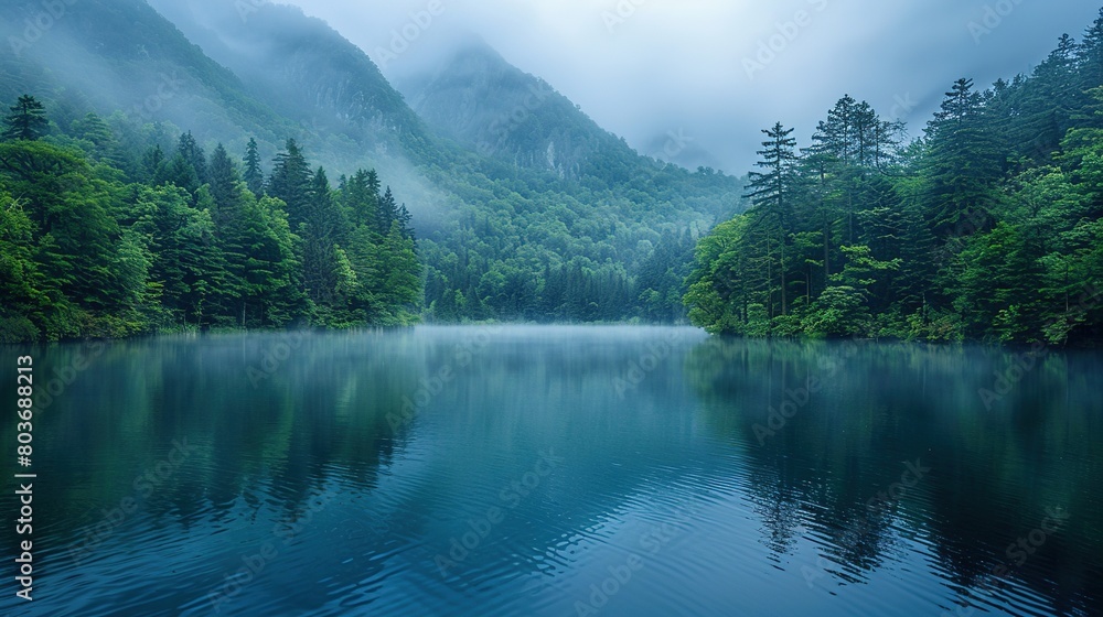 Fototapeta premium Fog blankets a tranquil lake nestled among trees on a mountain, creating a serene and mystical scene. Generative AI