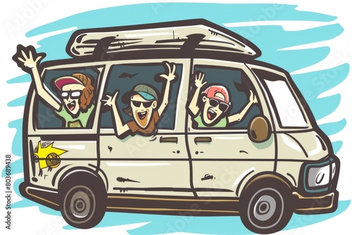 Cartoon cute doodles of a pop-punk band on tour, traveling from city to city in a beat-up van and playing shows at dive bars and clubs, Generative AI