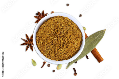 Fototapeta Naklejka Na Ścianę i Meble -  spices seasoning homemade garam masala powder isolated for vegetarian or non vegetarian indian food,cutout in transparent background,png format,top view with copy space 