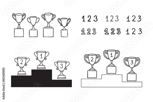 Doodle line trophy winner podium. Winners cups. Drawing icon. 1, 2, 3 place. Win hand drawn style