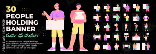 People Holding Blank Banner. Great Bundle. Collection of various people holding Blank Banner, can be used for advertising, marketing and signboards. Vector Illustration