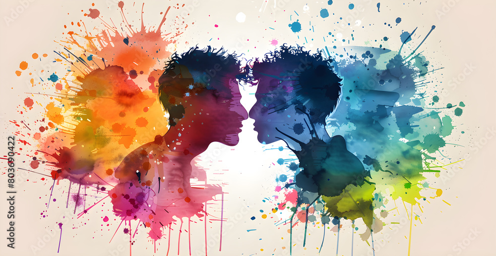 Two people kissing with colorful splatters of paint