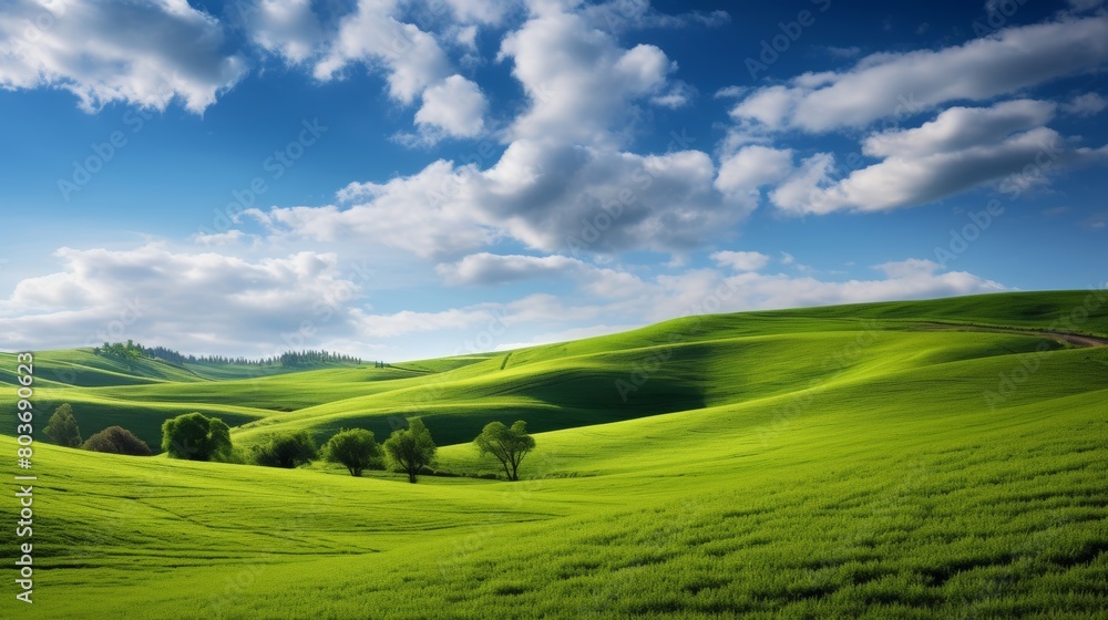 landscape with green field and blue sky.
