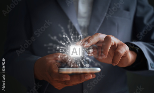 AI (Artificial Intelligence) AI management and technology support in the business plans of successful marketing clients. AI management concept, innovative data analysis, business people and investors.