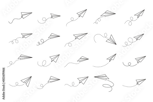 Hand drawn doodle paper plane set. isolated planes flight path. Line airplane icon travel, route. 