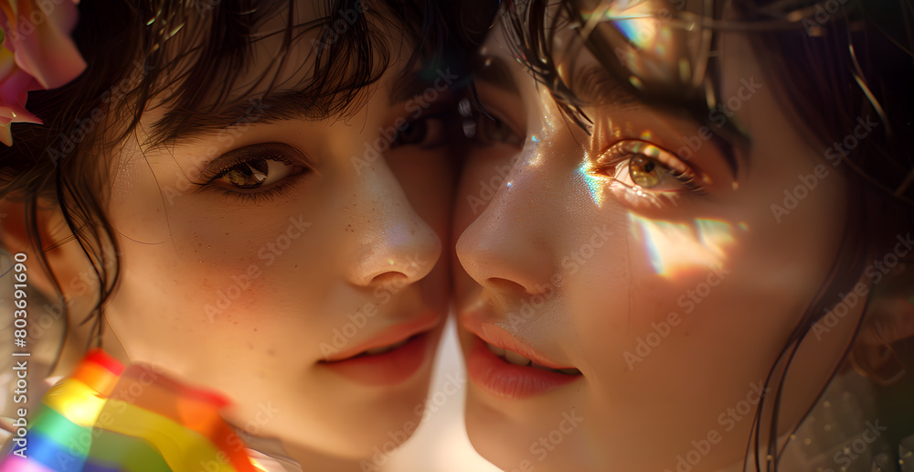 Obraz premium Two women with rainbow umbrellas are looking at each other