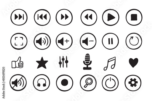 Doodle hand drawn music icons set. Sketch style buttons. Media player elements.