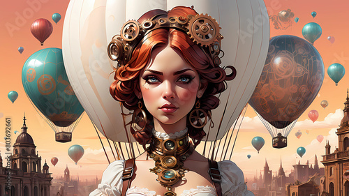 ((page of a comic book)) White steampunk hot air balloons with gears, Victorian styleAncient buildings, archeological ruins of lost civilizations and technologyrose gold cosmic backgroundcosmic flower photo