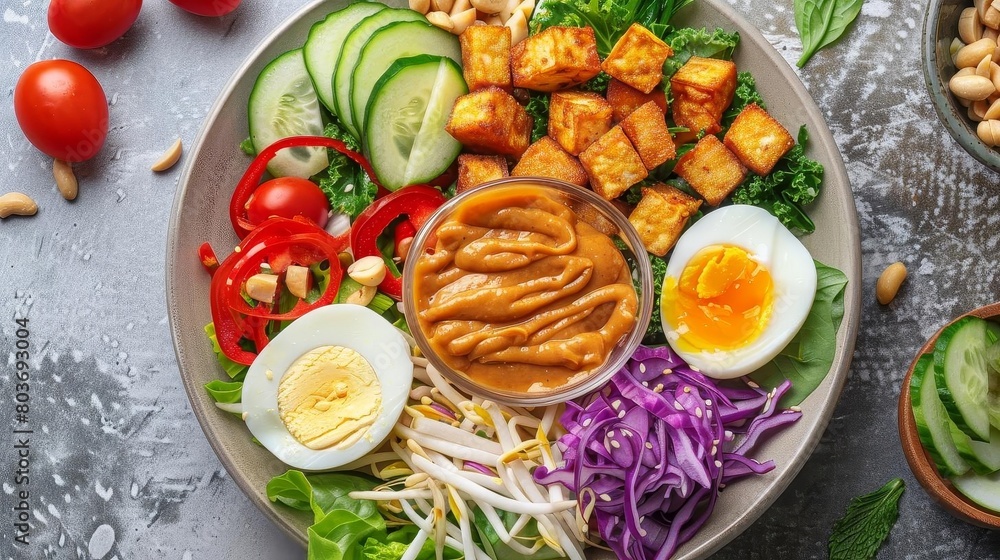 a plate of assorted vegetables and eggs, including sliced cucumber, red tomato, and white egg, arra