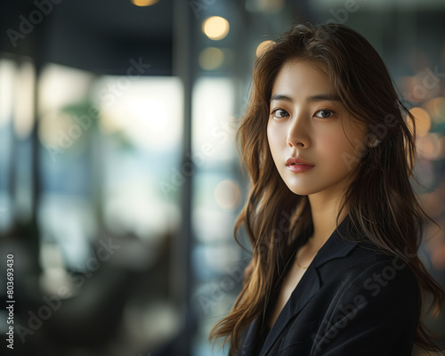 In an elegant portrait, a sleek black suit enhances the presence of a stunning young Asian female CEO, set against the backdrop of a spacious and stylish office environment.