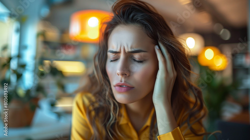 A tired young woman sits in the office feeling dizzy, symbolizing vulnerability amid work stress.