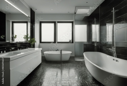 tub shower black bathroom White