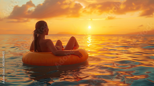 A girl in the sea on an inflatable circle at sunset. Summer vacation.