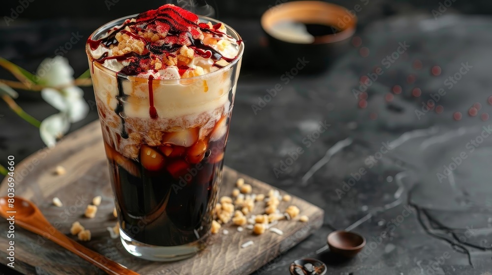 a tall glass filled with ice cream and topped with whipped cream sits on a wooden table, accompanie a tall glass filled with ice cream and topped with whipped cream sits on a wooden table, accompanie