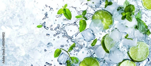 Fresh green limes and transparent ice cubes floating in a pool of clear water, creating a refreshing and vibrant image