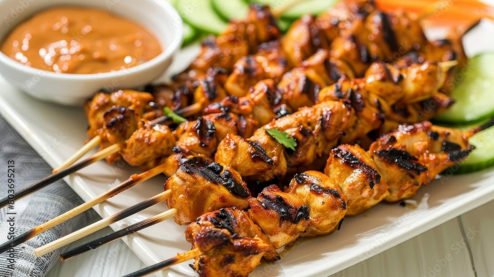 a plate of chicken skewers with dipping sauce a plate of chicken skewers with dipping sauce