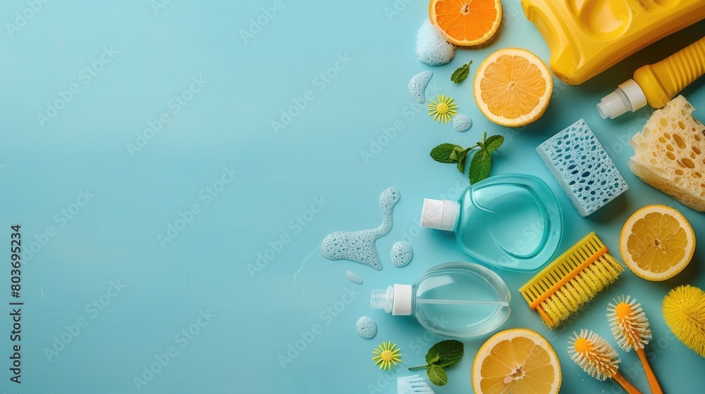 Cleaning products, foam sponges and citrus fruits on a blue background.