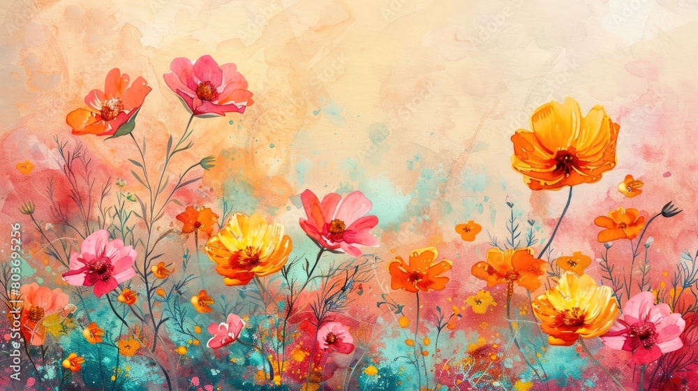 Beautiful background of bright watercolor wildflowers.