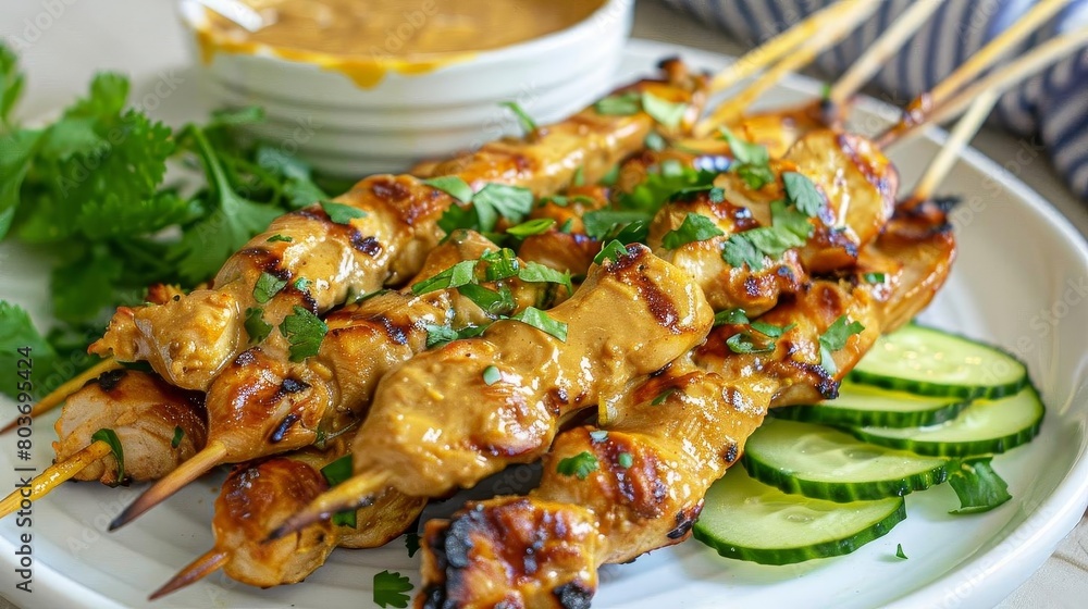 a plate of chicken skewers topped with sliced cucumbers and served on a white plate with chopsticks a plate of chicken skewers topped with sliced cucumbers and served on a white plate with chopsticks