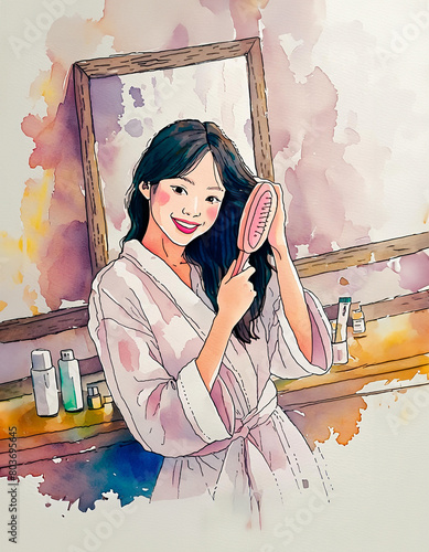 A watercolor illustration of a woman in a robe brushing hair, facing a mirror, with bottles in the background © homydesign