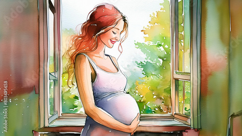 A serene watercolor illustration of an expectant mother by a window, radiating calm and anticipation © homydesign