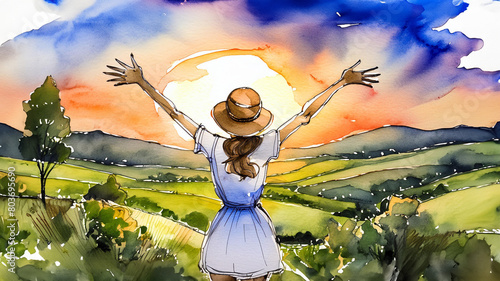 A watercolor painting of a girl in a field at sunset, arms raised, facing away. Vibrant colors evoke freedom and peace © homydesign