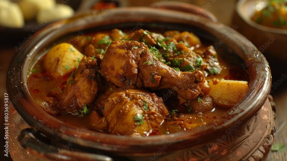 a bowl of meat and potatoes on a wooden table, accompanied by a yellow potato and a brown bowl a bowl of meat and potatoes on a wooden table, accompanied by a yellow potato and a brown bowl