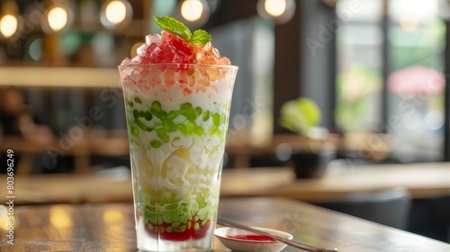 a tall glass filled with ice cream and a red strawberry sits on a shiny table, accompanied by a sil