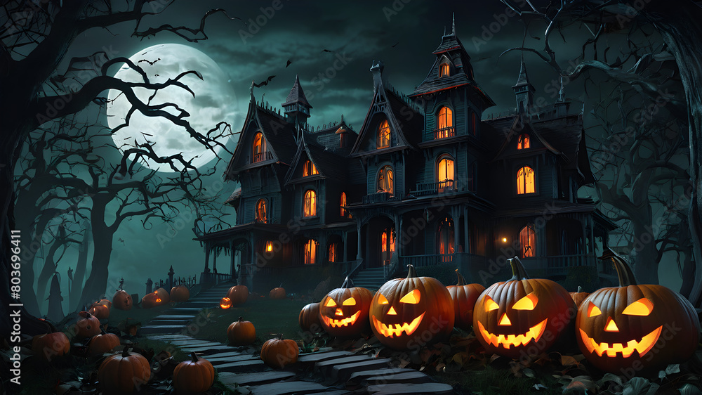 Halloween background with pumpkins and haunted house - 3D render. Halloween background with Evil Pumpkin. Spooky scary dark Night forrest