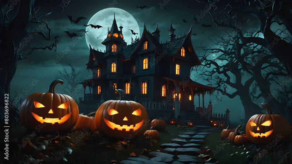 Halloween background with pumpkins and haunted house - 3D render. Halloween background with Evil Pumpkin. Spooky scary dark Night forrest