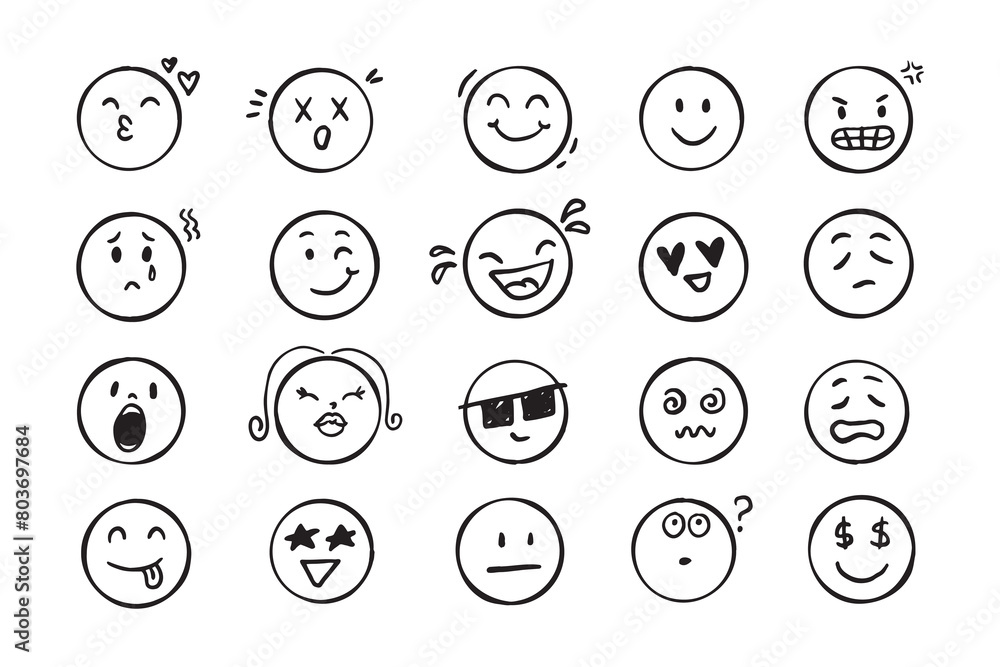 Emoji face icon doodle set. Faces with different emotion mood. Hand drawn comic sketch style. Emoji face icon doodle set. Faces with different emotion mood. Hand drawn comic sketch style.
