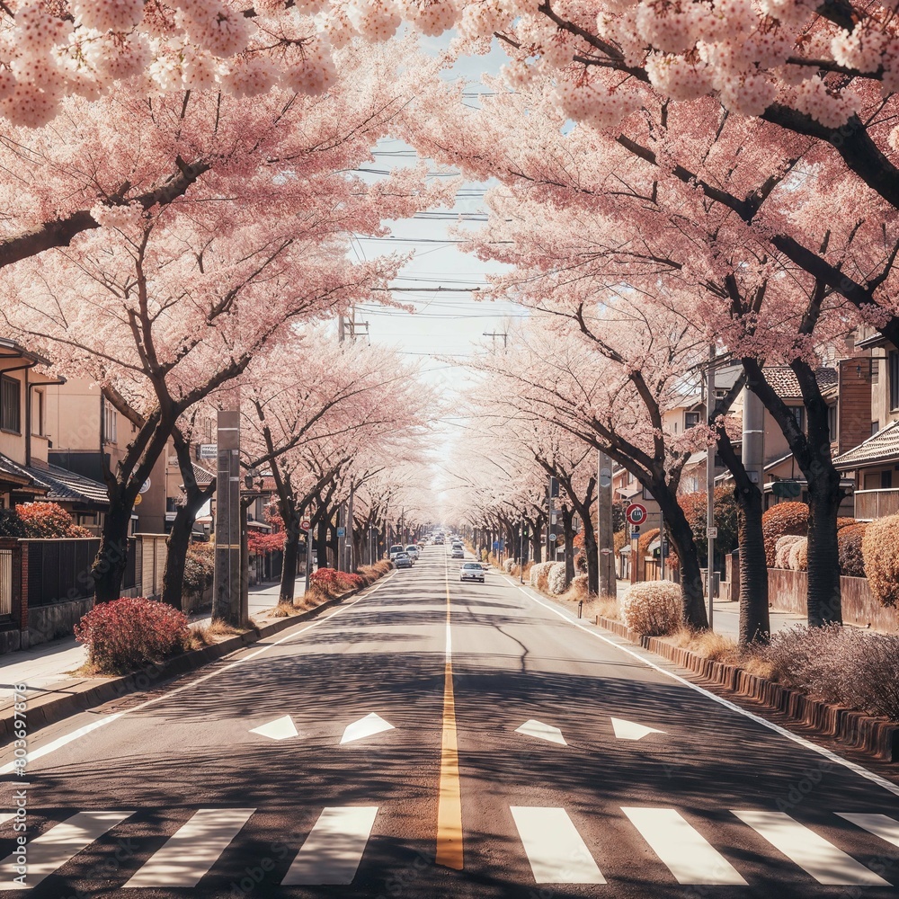 Cherry Blossoms Overarching a Peaceful Street