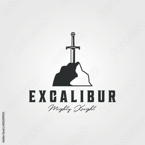 excalibur logo stuck in stone vector vintage illustration icon template design