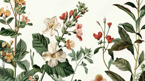 Elegant botanical illustrations of flowers  leaves  or herbs for botanical-themed designs or packaging.
