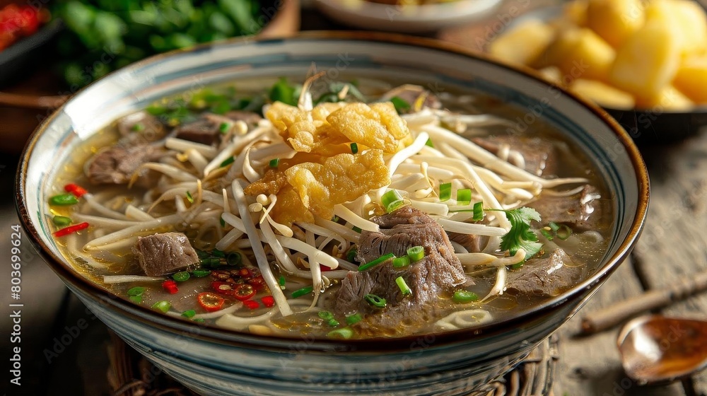 a bowl of beef noodle soup with a silver spoon on a wooden table
