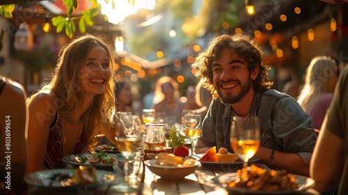 Golden Hour Dinner: Friends Sharing Laughter and a Cozy Meal