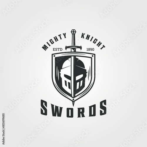 mighty knight with shield and swords logo vector vintage illustration icon graphic design, template for web or business © rozva barokah