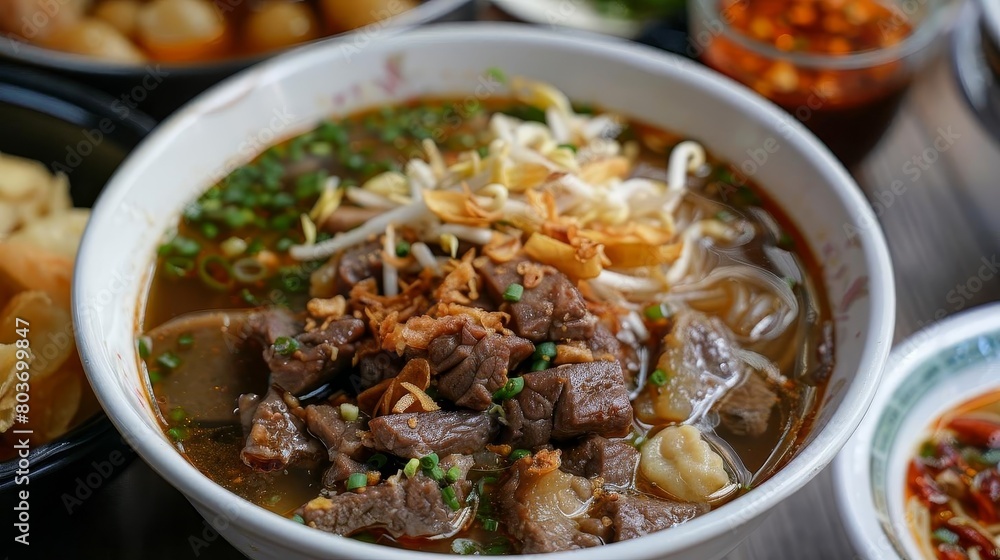 a bowl of beef noodle soup topped with sliced green onions and served with a side of bread